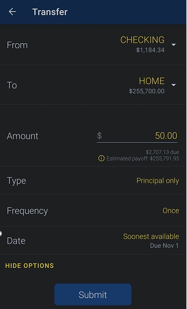 mobile banking page showing how to make a principal only loan payment