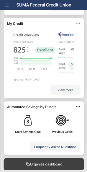 photo of SUMA digital banking app Credit Score and Plinqit widgets