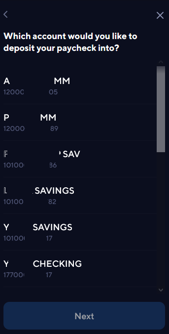 Direct Deposit Switch procedure as seen in SUMA digital banking - selection of share accounts