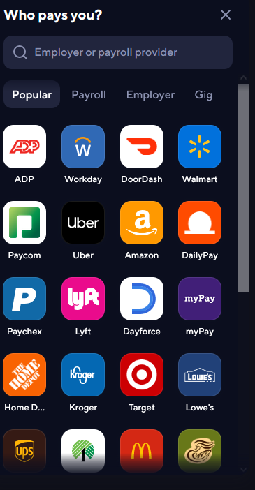 Direct Deposit Switch in SUMA app - list of popular paycheck providers