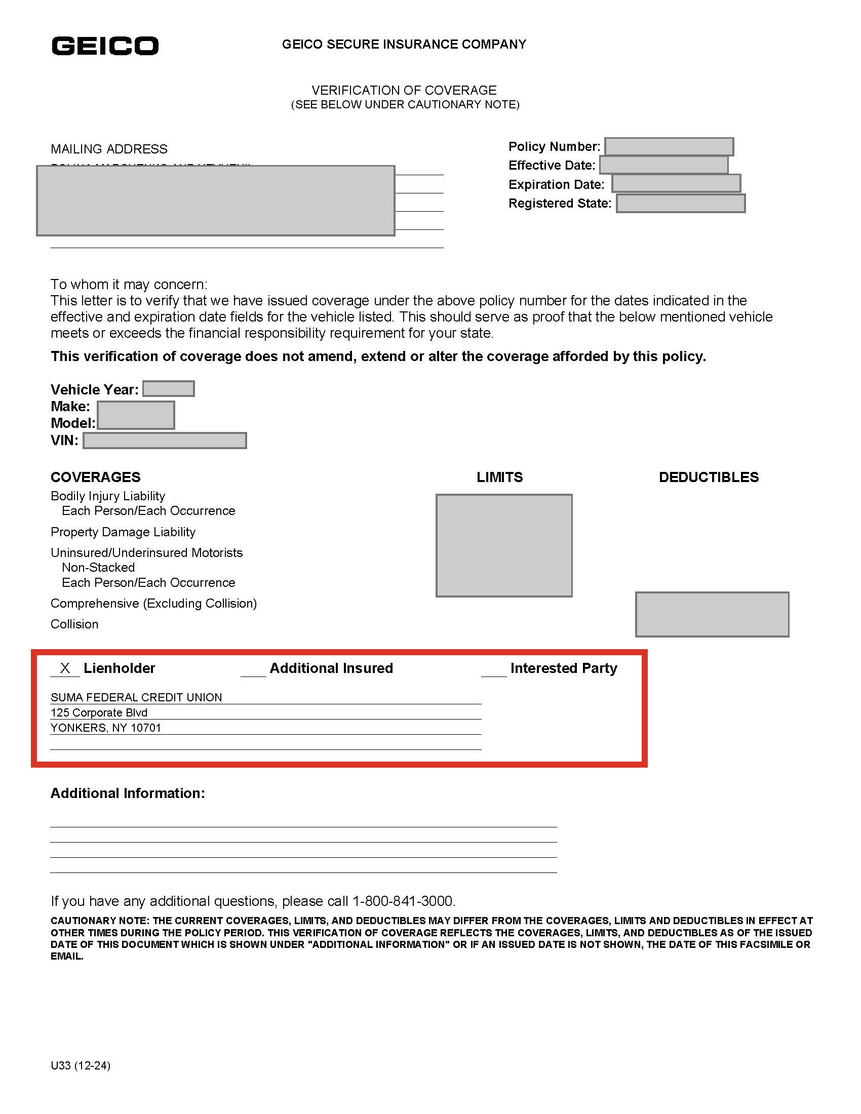 insurance binder lienholder example