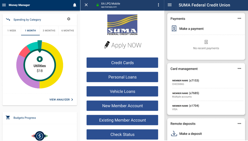 SUMA FCU mobile app screens