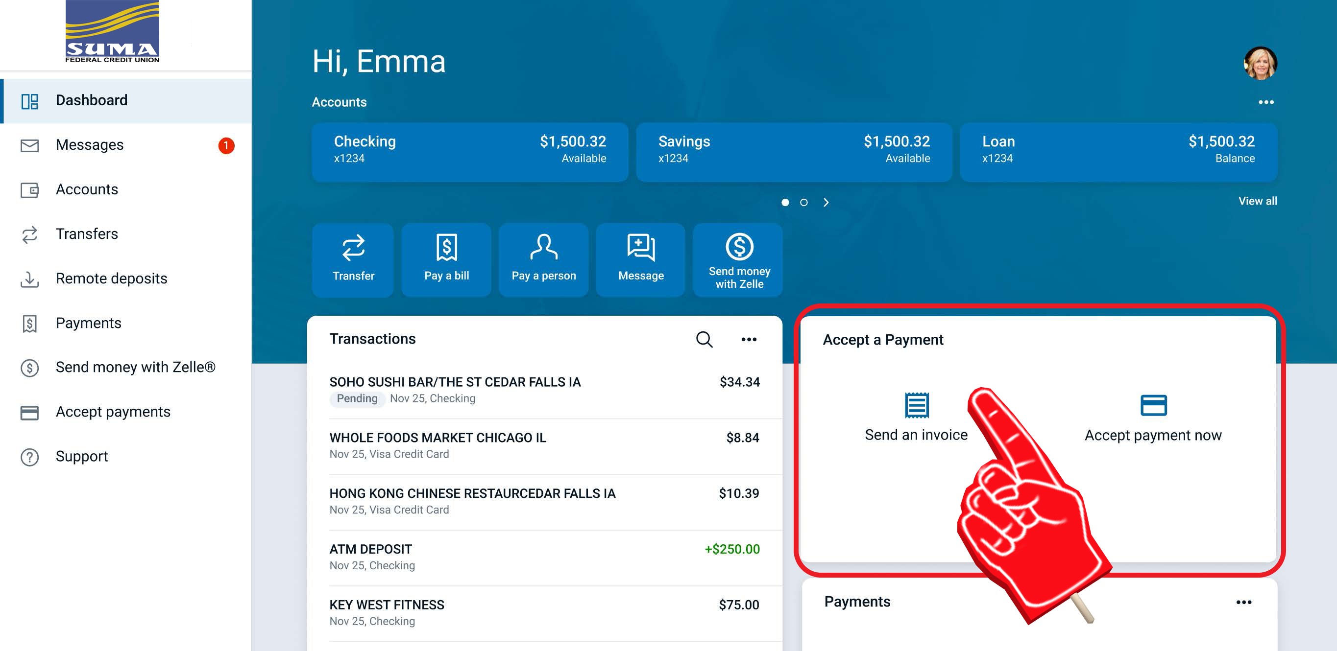 Autobooks widget within SUAM FCU Online banking home page