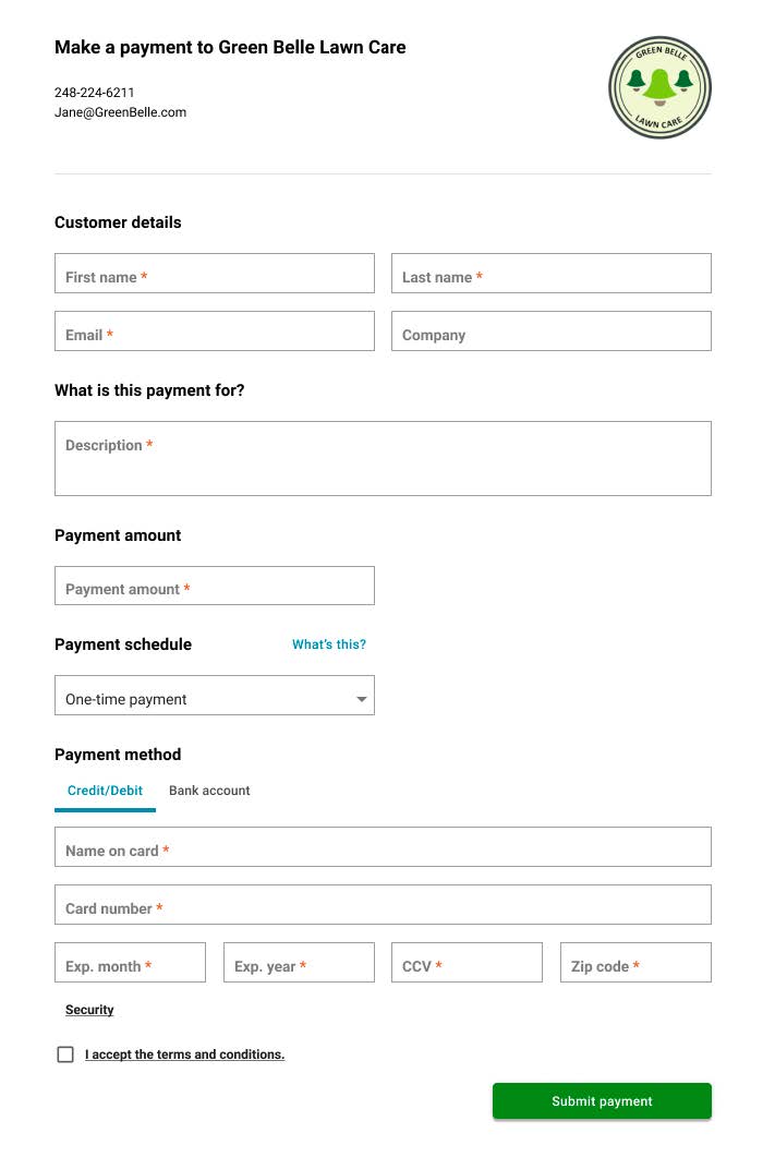View of payment landing page that customers would see