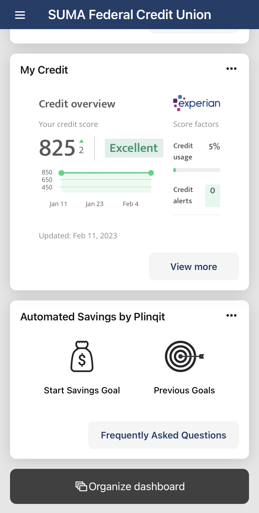 photo of digital app showing My Credit Score and Plinqit widgets