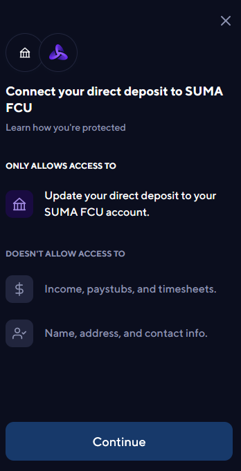 Direct Deposit Switch as seen in SUMA digital banking - page shows access to personal info is minimal