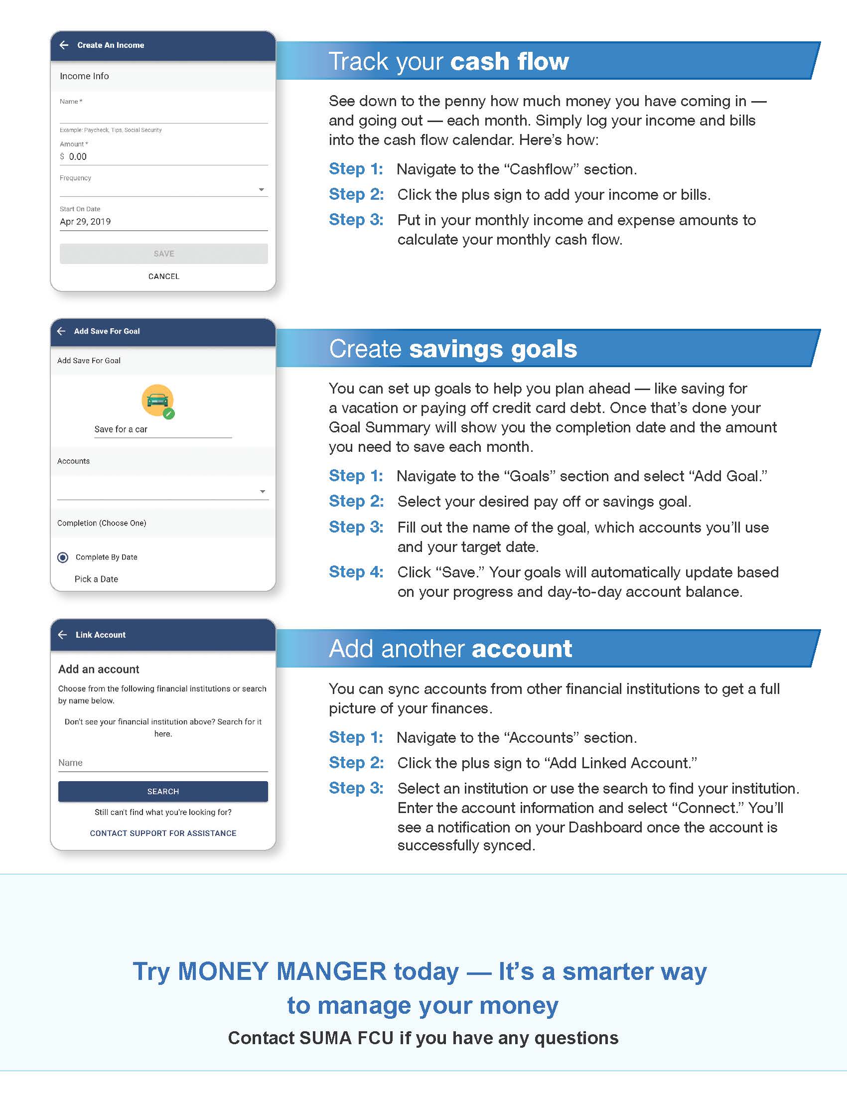 Screenshots of SUMA's Money Manager in our digital banking app