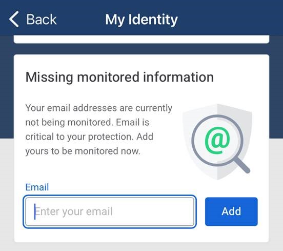 Image of My Identity Dashboard widget asking to enter email address to add it to monitored info