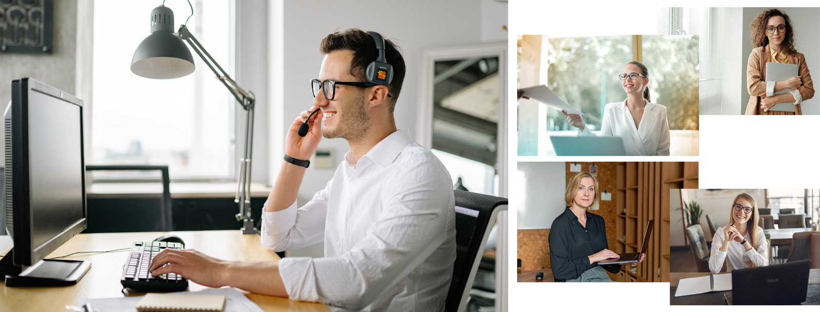 collage of photos with people working at the office