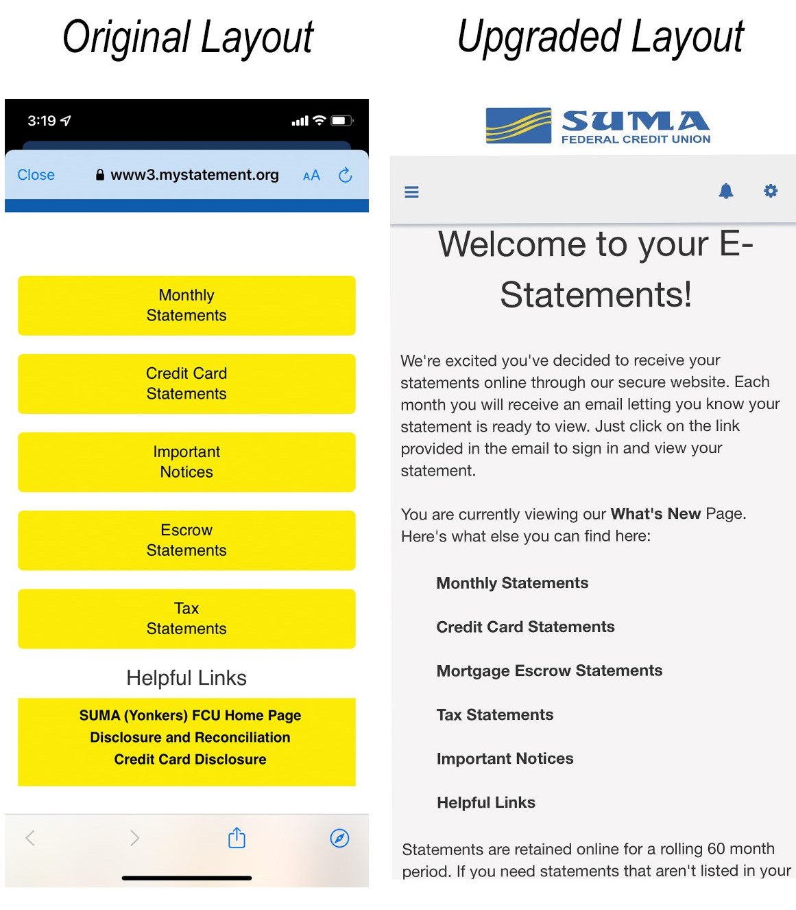 Comparison of the original and upgrated layout for the SUMA FCU document integration